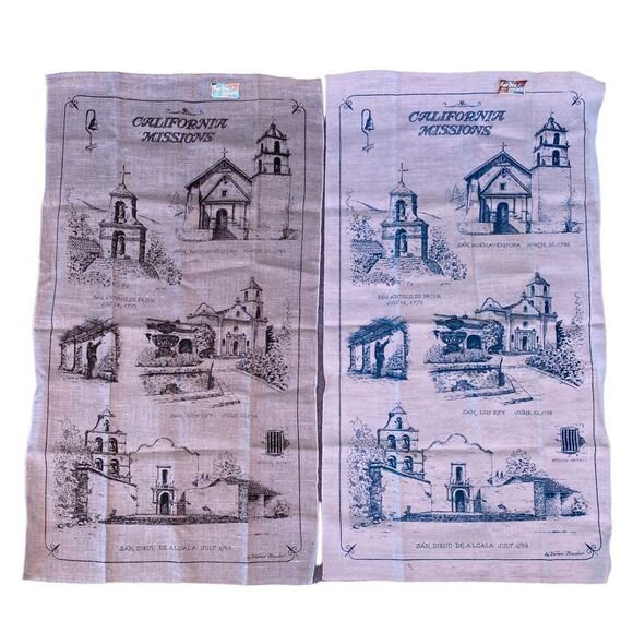 2 Vtg Kay Dee HandPrints California Missions 100% Pure Linen Kitchen Tea Towels - Picture 1 of 16